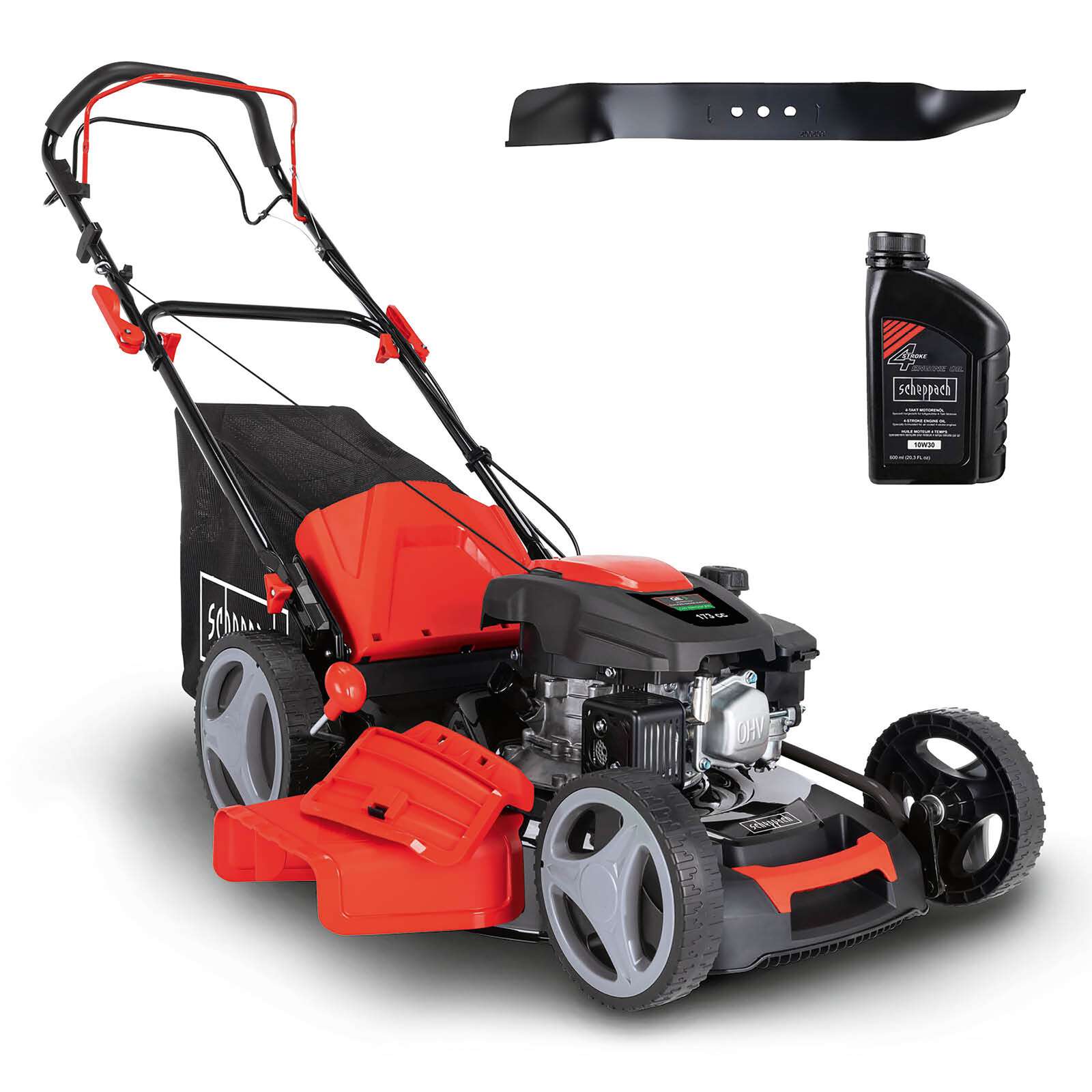 Benzinrasenmäher MS173-51 Scheppach mit Motoröl & Ersatzmesser - 51cm Schnittbreite | Radantrieb