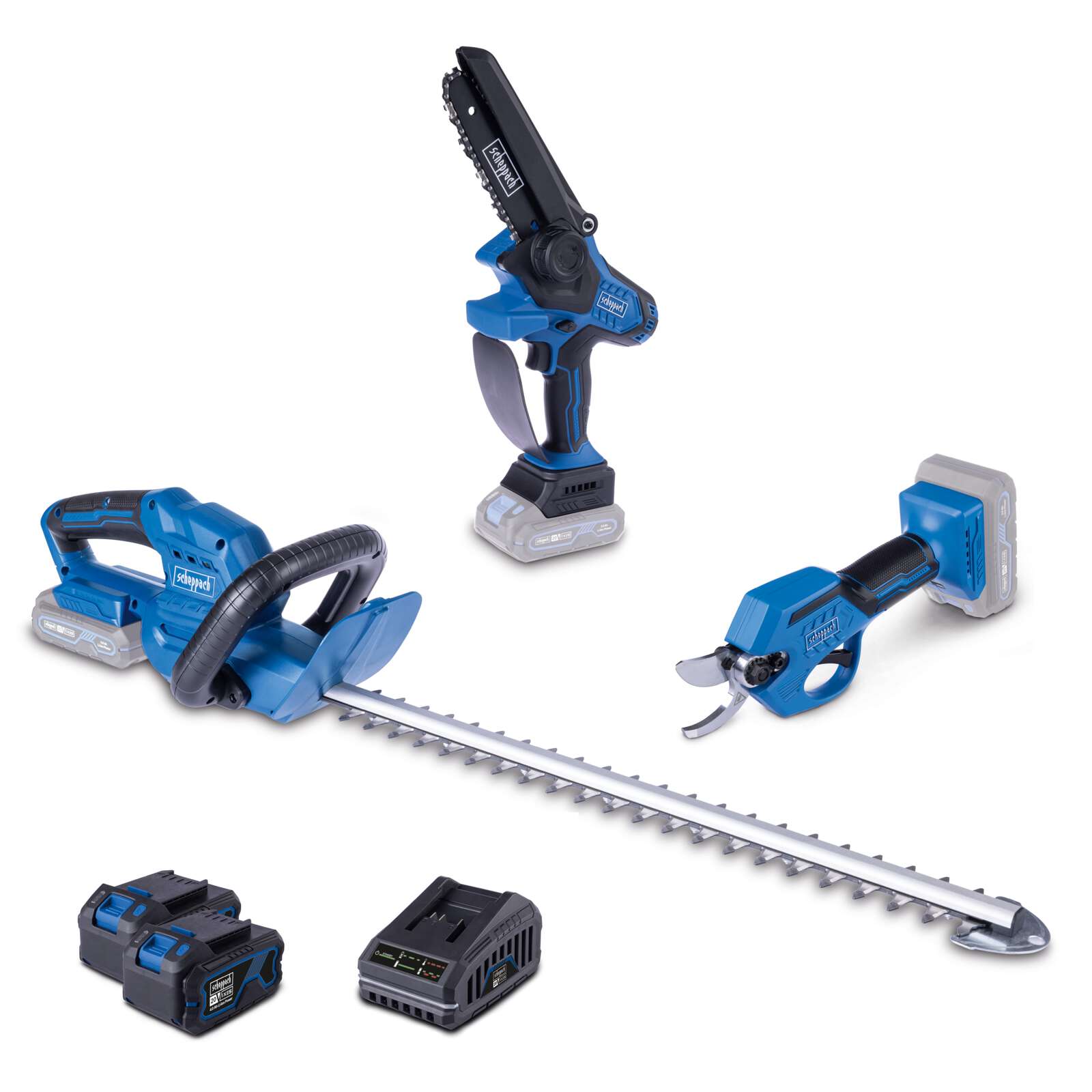 Akku-Garten-Set AGS200 Scheppach - 20V | Astschere | Gehölzschneider | Heckenschere | inkl. 2x 4Ah Akku & 2,4A Ladegerät