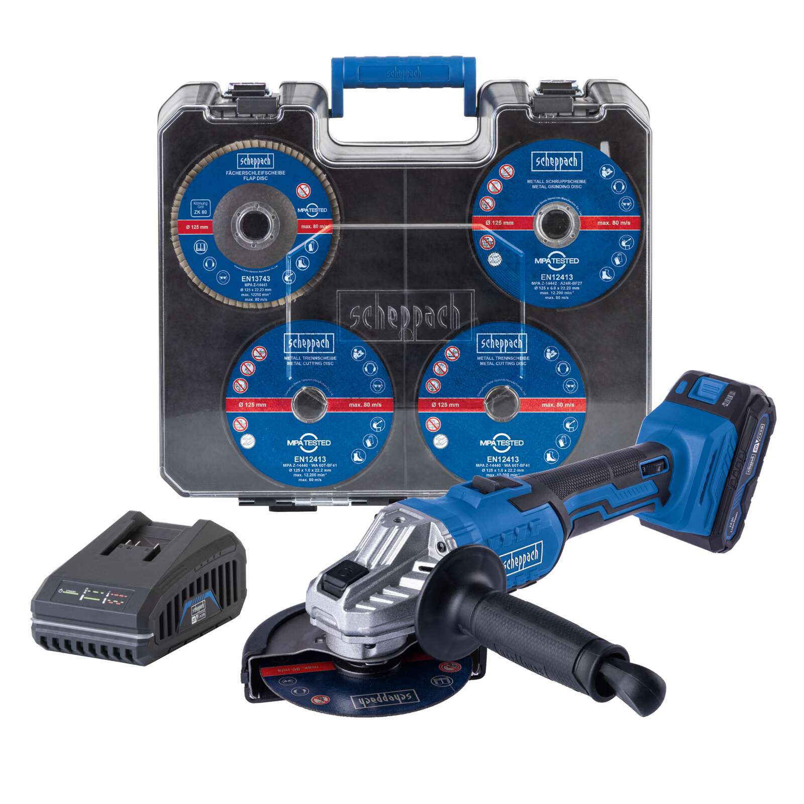 Mobile Werkstatt C-ATB15/1-X Scheppach - 20V | 125mm Durchmesser | 2500-10000min-1 Drehzahl | Koffer u. 15tlg. Zubehörset | inkl. Akku & Ladegerät