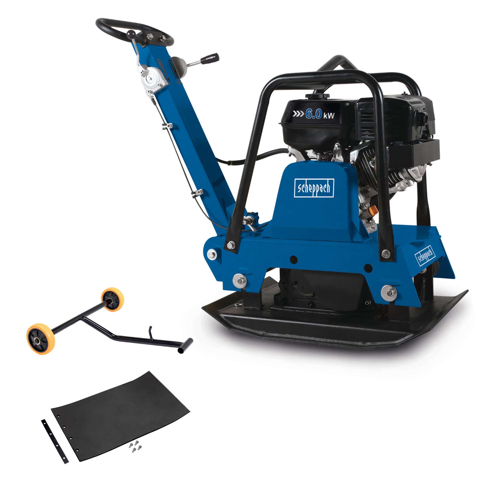Benzin Rüttelplatte HP3000S Scheppach - 9PS | 30,5kN Verdichtungsdruck | 50cm Verdichtungstiefe | 21m/min Vorlauf | inkl. Gummimatte & Fahrvorrichtung