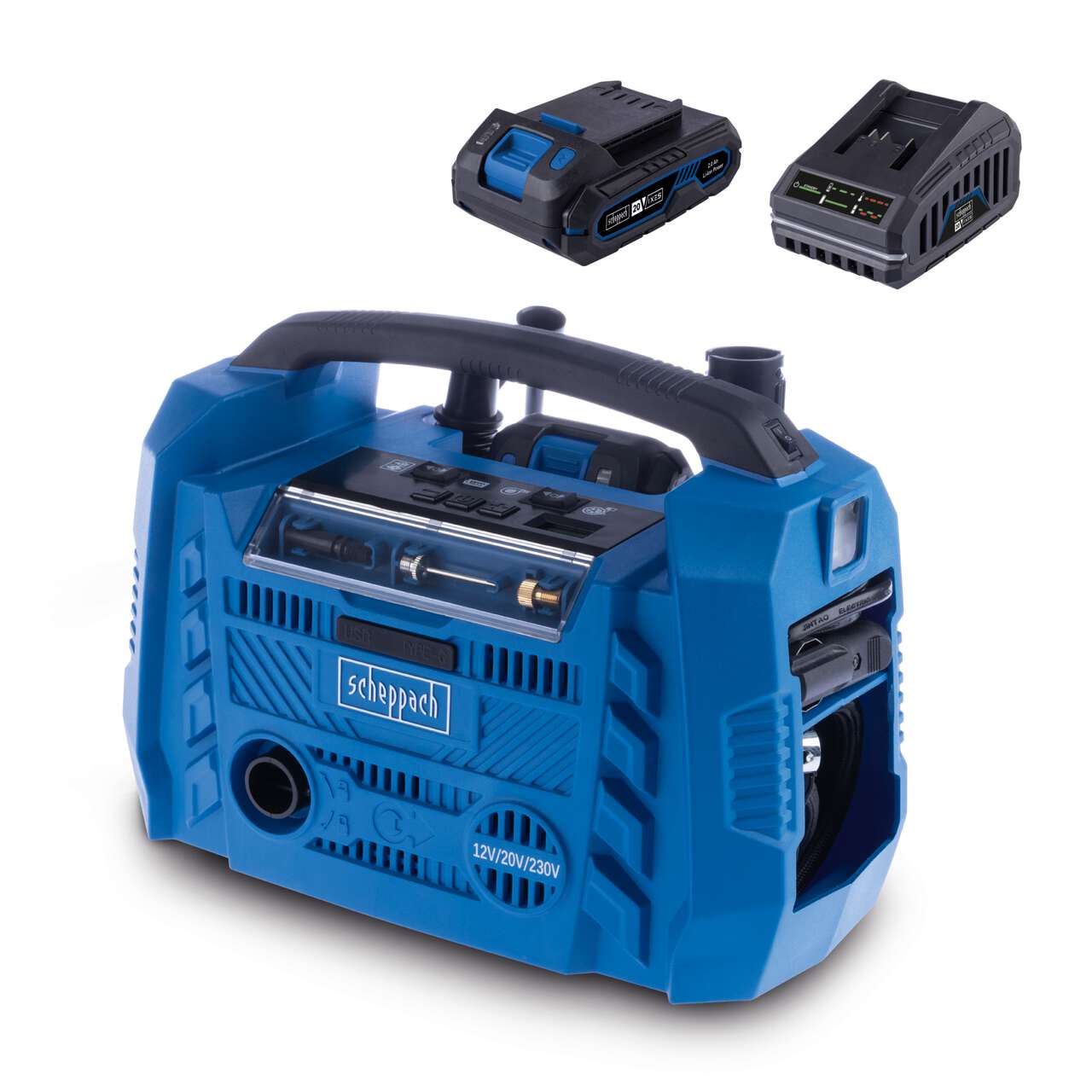 Hybrid-Kompressor Airforce 6 Scheppach - 10,3bar | ölfrei | 2 USB-Anschlüsse | 3 Antriebsarten | inkl. 2Ah Akku + 2,4A Ladegerät