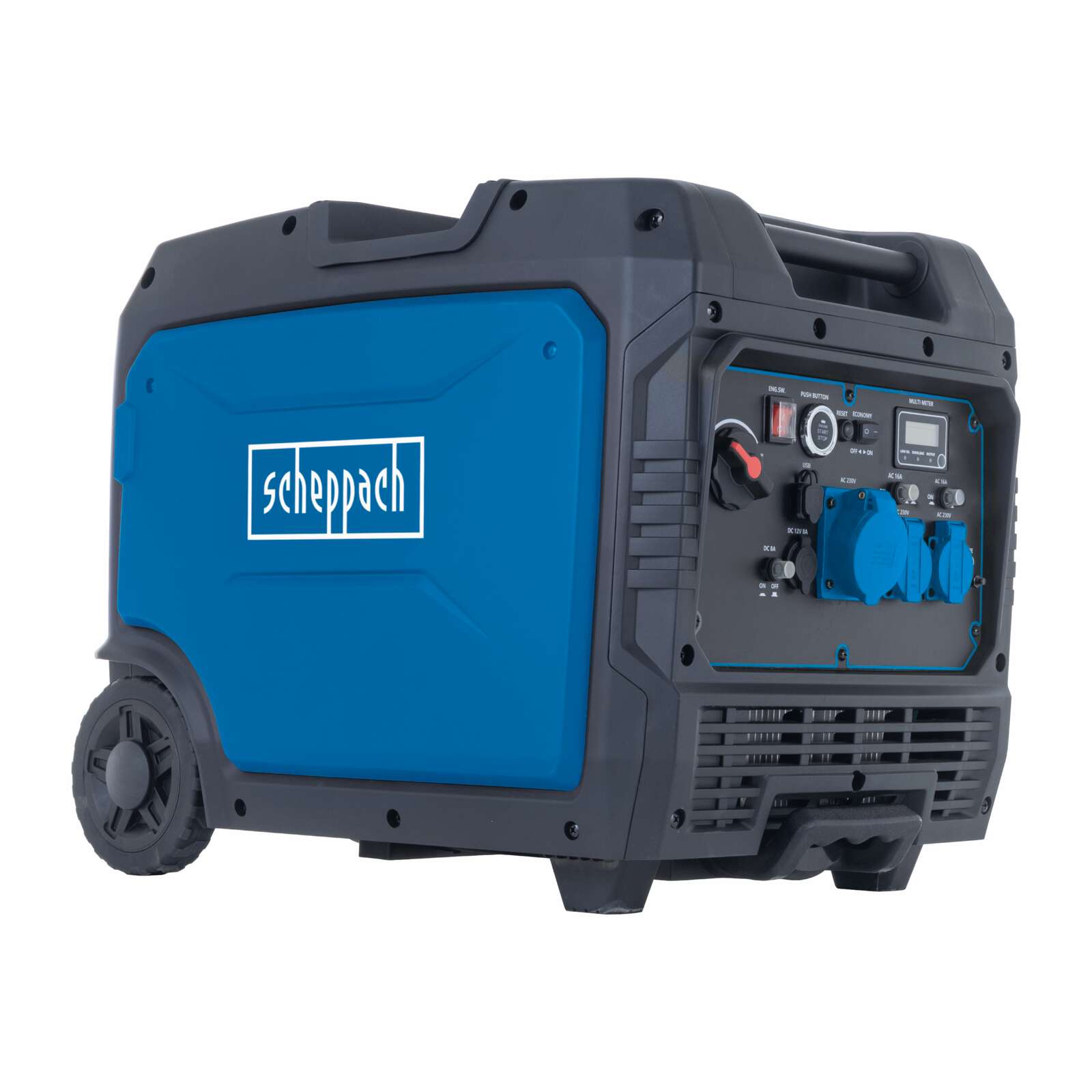 Inverter Benzin Stromerzeuger SG7000i Scheppach - 6200W | 9,2PS | 2x230V 16A | 1x 230V 32A | 12V DC & USB | Generator mit Griff & Fahrvorrichtung