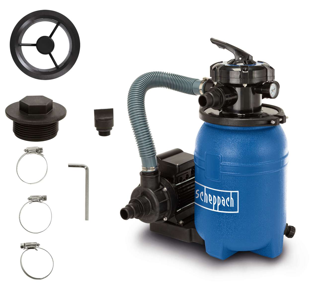 Poolfilter Sandfilter Anlage PSFA15 Scheppach - max. 11280 l/h | 4 °C bis 43 °C | 5in1 Sandfilteranlage
