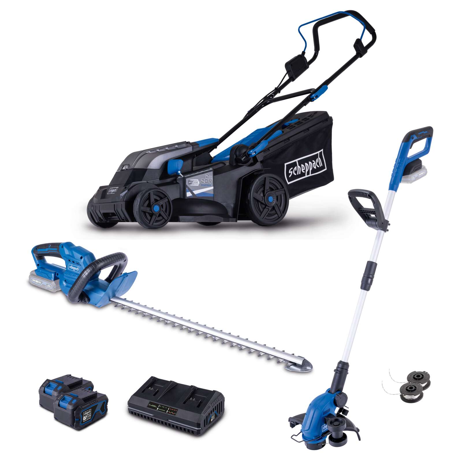 Akku-Garten-Set AGS300 Scheppach - 20V | Rasenmäher | Rasentrimmer | Heckenschere | inkl. 2x 4Ah Akku & 4,5A Doppelladegerät