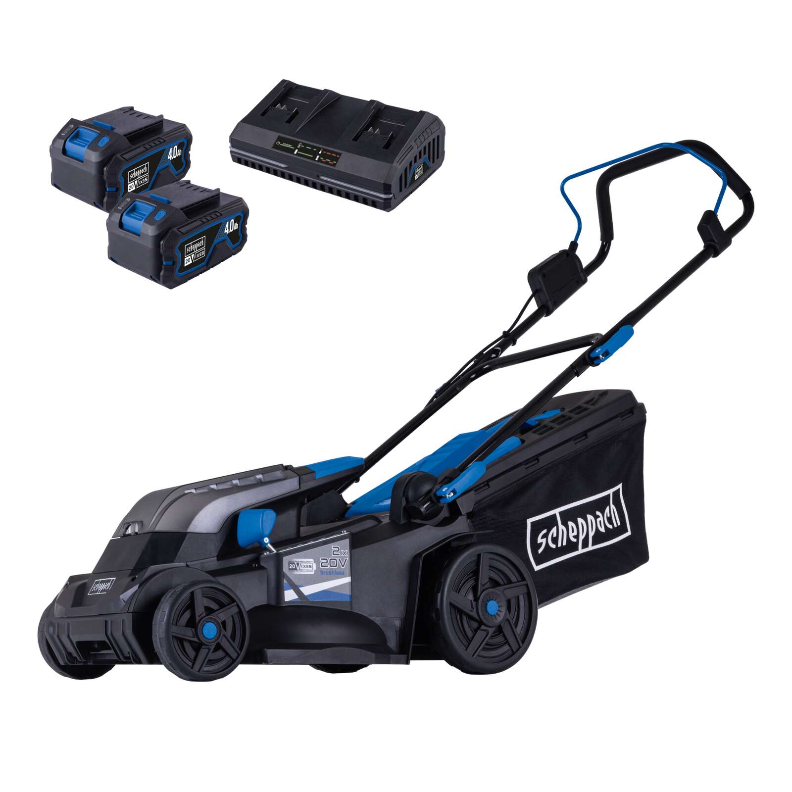 Akku-Rasenmäher BC-MP380-X Scheppach | 38cm Schnittbreite | für 450-500 m2 | 45L Korb | Set