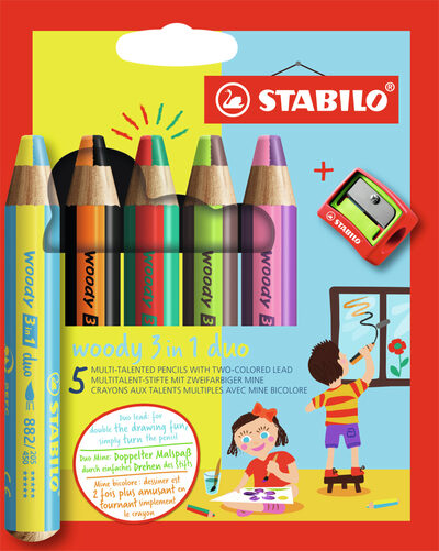 STABILO EO882/05-2 Duo Buntstift, Wasserfarbe & Wachsmalkreide - STABILO woody 3 in 1 duo - zweifarbige Mine - 5er Pack mit Spitzer - mit 5 Stiften und 10 verschiedenen Farben