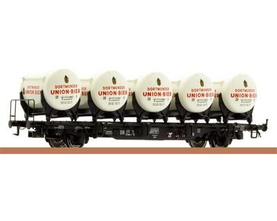 BRAWA 49104 H0 Behältertragwagen BTmms 58 mit Ddikr 621 „Dortmunder Union Bier”, DB, Ep. III