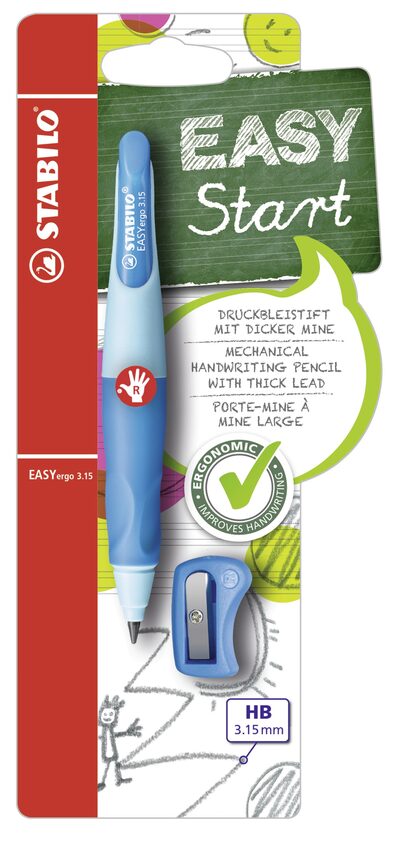 STABILO B-46873-5 Ergonomischer Druck-Bleistift für Rechtshänder - STABILO EASYergo 3.15 in hellblau/dunkelblau - Einzelstift - inklusive 1 dicken Mine - Härtegrad HB & Spitzer