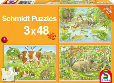 SCHMIDT SPIELE 56222 Tierfamilien, 3x48 Teile