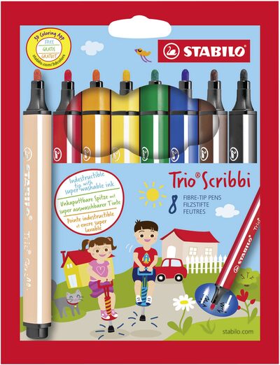 STABILO 368/8-01 Gefederter Dreikant-Filzstift - STABILO Trio Scribbi - 8er Pack - mit 8 verschiedenen Farben