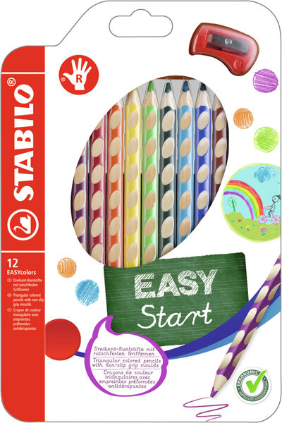 STABILO 332/12 Ergonomischer Buntstift für Rechtshänder - STABILO EASYcolors - 12er Pack mit Spitzer - mit 12 verschiedenen Farben