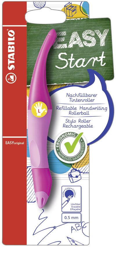 STABILO B-46837-3 Ergonomischer Tintenroller für Linkshänder - STABILO EASYoriginal in hellpink/dunkelpink - Einzelstift - Schreibfarbe blau (löschbar) - inklusive Patrone