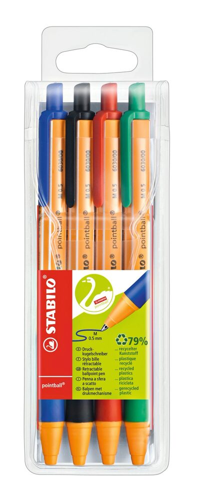 STABILO 6030/4 Druck-Kugelschreiber - STABILO pointball - 4er Pack - blau, schwarz, rot, grün