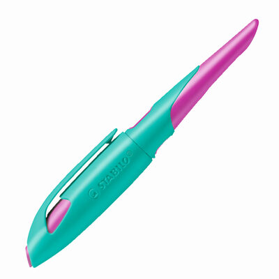 STABILO 5012/1-41 Ergonomischer Schulfüller für Rechtshänder mit Standard-Feder M - STABILO EASYbirdy in türkis/neonpink - Einzelstift - inklusive Patrone - Schreibfarbe blau (löschbar)