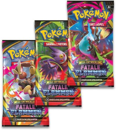 POKEMON 12527 PKM Pokémon ME02 Drei-Boosterpack-Blister Mega-Entwicklung - Fatale Flammen