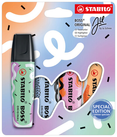 STABILO EO70/4-1-101-5 Textmarker - STABILO BOSS ORIGINAL Pastel by Ju Schnee - 4er Pack - Hauch von Minzgrün, Wolkenblau, frische Fuchsie, sanftes Orange