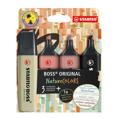 STABILO EO70/4-2-3 Textmarker - STABILO BOSS ORIGINAL NatureCOLORS - 4er Pack - schlammgrün, siena, umbra, schwarz
