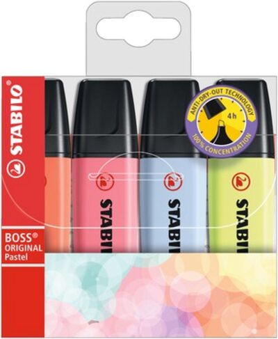 STABILO 70/4-3 Textmarker - STABILO BOSS ORIGINAL Pastel - 4er Pack - Korallrot, Kirschblütenrosa, Wolkenblau, Prise von Limette