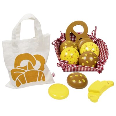 GOKI 51704 Kaufladen Miniaturen Brötchen, mit Baumwollbeutel und Korb