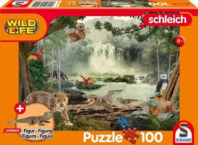 SCHMIDT SPIELE 56467 Kinderpuzzle 100 Teile Schleich ®: Wild Life - Im Regenwald, mit Add-on (eine Original Krokodil junges Figur)