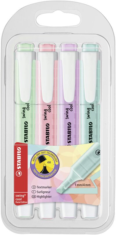 STABILO 275/4-08 Textmarker - STABILO swing cool Pastel Edition - 4er Pack - Hauch von Minzgrün, rosiges Rouge, Schimmer von Lila, zartes Türkis