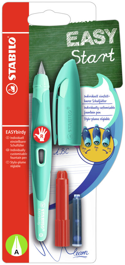STABILO B-57269-5 Ergonomischer Schulfüller für Rechtshänder mit Anfänger-Feder A - STABILO EASYbirdy Pastel Edition in aqua grün/mint - Einzelstift - inklusive Patrone und Einstellwerkzeug - Schreibfarbe blau (löschbar)