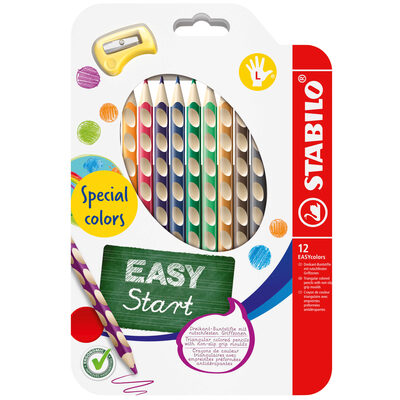 STABILO 331/12-1 Ergonomischer Buntstift für Linkshänder - STABILO EASYcolors - 12er Pack mit Spitzer