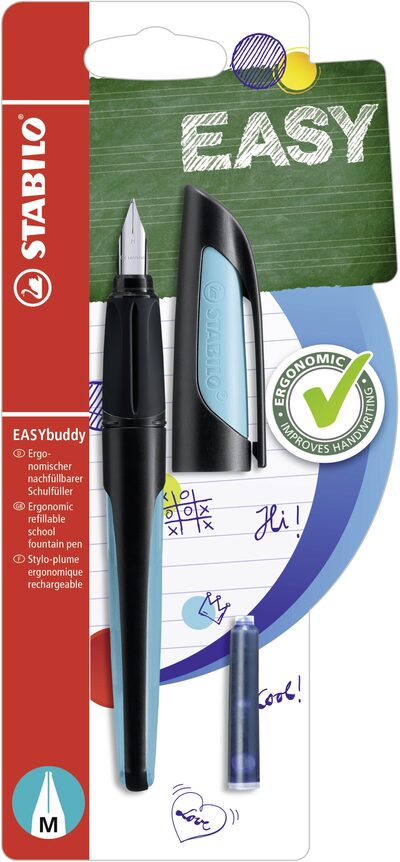 STABILO B-53920-5 Schulfüller mit Standard-Feder M - STABILO EASYbuddy in schwarz/himmelblau - Schreibfarbe blau (löschbar) - Einzelstift - inklusive Patrone