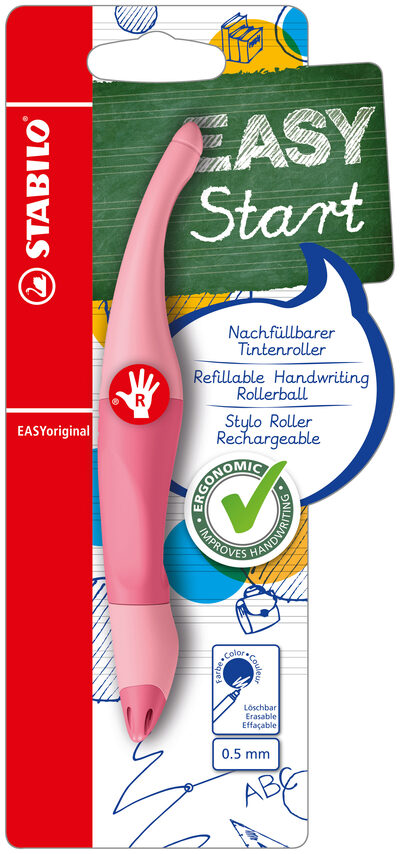 STABILO B-58459-5 Ergonomischer Tintenroller für Rechtshänder - STABILO EASYoriginal Pastel in rosiges Rouge - Einzelstift - Schreibfarbe blau (löschbar) - inklusive Patrone
