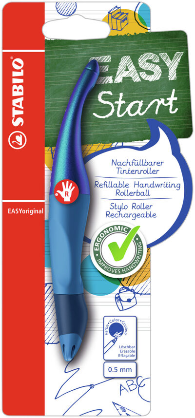 STABILO B-56831-5 Ergonomischer Tintenroller für Rechtshänder - STABILO EASYoriginal Holograph Edition in blau - Einzelstift - Schreibfarbe blau (löschbar) - inklusive Patrone