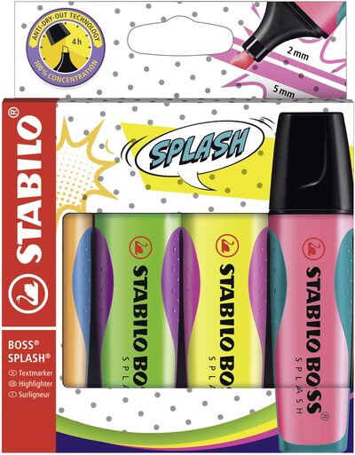 STABILO 75/4 Textmarker - STABILO BOSS SPLASH - 4er Pack - gelb, orange, grün, pink