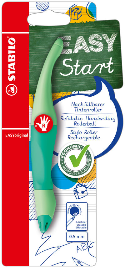 STABILO B-58457-5 Ergonomischer Tintenroller für Rechtshänder - STABILO EASYoriginal Pastel in Hauch von Minzgrün - Einzelstift - Schreibfarbe blau (löschbar) - inklusive Patrone