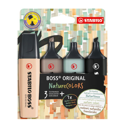 STABILO EO70/4-2-5 Textmarker - STABILO BOSS ORIGINAL NatureCOLORS - 4er Pack - beige, warmgrau, grünerde, schwarz