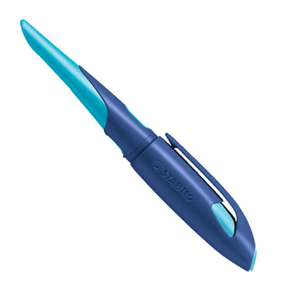 STABILO 5011/4-41 Ergonomischer Schulfüller für Linkshänder mit Standard-Feder M - STABILO EASYbirdy in mitternachtsblau/azur - Einzelstift - inklusive Patrone - Schreibfarbe blau (löschbar)