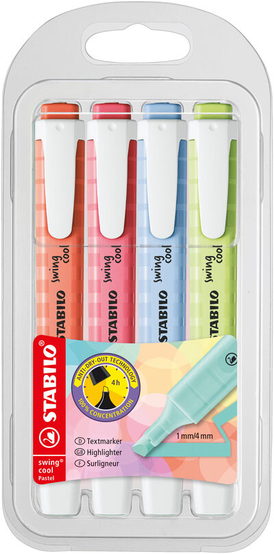 STABILO 275/4-08-1 Textmarker - STABILO swing cool Pastel - 4er Pack - Prise von Limette, Kirschblütenrosa, Wolkenblau, Korallrot