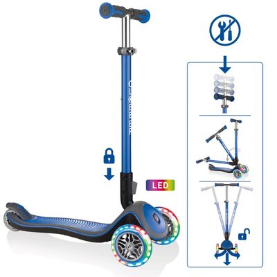 AUTHENTIC SPORTS & TOYS 444-400 GLOBBER ELITE DELUXE LIGHTS Kinderscooter dunkelblau, mit Leuchtrollen