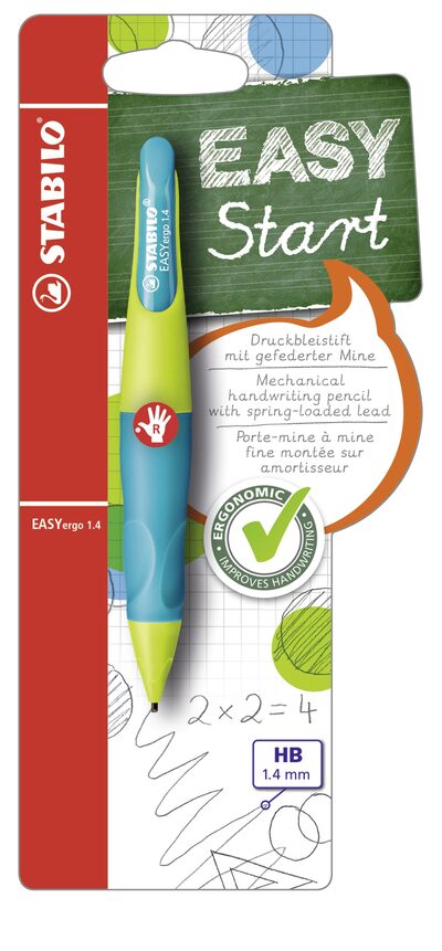 STABILO B-46902-5 Ergonomischer Druck-Bleistift für Rechtshänder - STABILO EASYergo 1.4 in neonlimonengrün/aquamarin - Einzelstift - inklusive 3 dünner Minen - Härtegrad HB