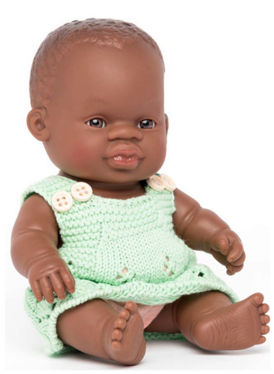MINILAND 31344 Schwarze Babypuppe, Vulva, 21 cm mit Bekleidung
