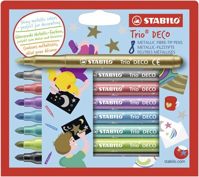 STABILO 377/8 Metallic-Filzstift mit robuster XL-Spitze - STABILO Trio DECO - 8er Pack - mit 8 verschiedenen Farben