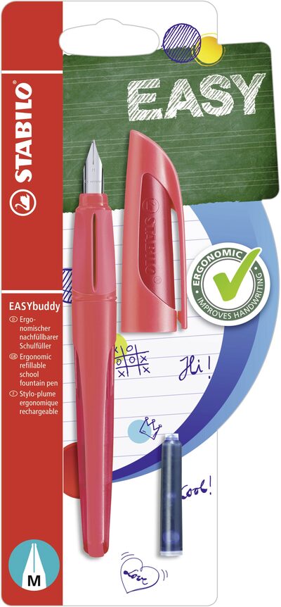 STABILO B-53922-5 Schulfüller mit Standard-Feder M - STABILO EASYbuddy in koralle/rot - Schreibfarbe blau (löschbar) - Einzelstift - inklusive Patrone