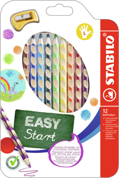 STABILO 331/12 Ergonomischer Buntstift für Linkshänder - STABILO EASYcolors - 12er Pack mit Spitzer - mit 12 verschiedenen Farben