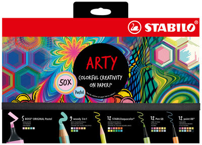 STABILO 77/6-2-20 Stifte-Set – STABILO ARTY Creative Set Pastel – 50er Pack – Textmarker, Multitalentstifte, Aquarell-Buntstifte, Fineliner & Premium-Filzstifte