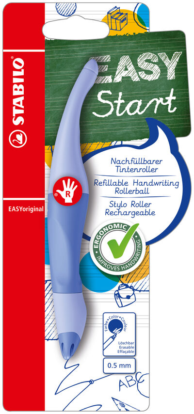 STABILO B-58455-5 Ergonomischer Tintenroller für Rechtshänder - STABILO EASYoriginal Pastel in Wolkenblau - Einzelstift - Schreibfarbe blau (löschbar) - inklusive Patrone