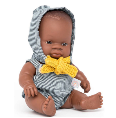 MINILAND 31343 Schwarze Babypuppe, Penis, 21 cm mit blau-weißer Bekleidung