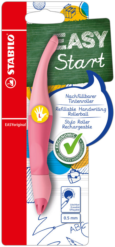 STABILO B-58465-3 Ergonomischer Tintenroller für Linkshänder - STABILO EASYoriginal Pastel in rosiges Rouge - Einzelstift - Schreibfarbe blau (löschbar) - inklusive Patrone