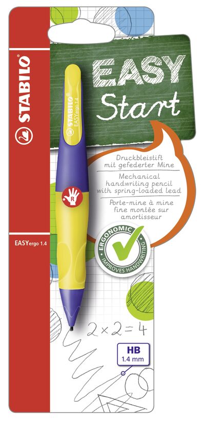 STABILO B-46896-5 Ergonomischer Druck-Bleistift für Rechtshänder - STABILO EASYergo 1.4 in violett/neongelb - Einzelstift - inklusive 3 dünner Minen - Härtegrad HB
