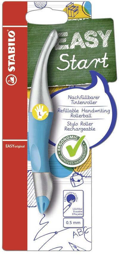 STABILO B-47683-3 Ergonomischer Tintenroller für Linkshänder - STABILO EASYoriginal metallic in neonblau - Einzelstift - Schreibfarbe blau (löschbar) - inklusive Patrone