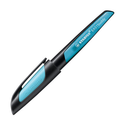 STABILO 5033/4-41 Schulfüller mit Linkshänder-Feder L - STABILO EASYbuddy in schwarz/himmelblau - Schreibfarbe blau (löschbar) - Einzelstift - inklusive Patrone