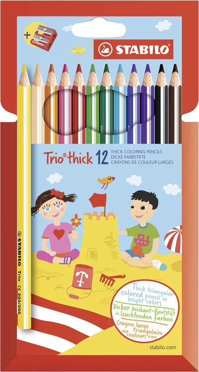 STABILO 203/2-12 Dreikant-Buntstift - STABILO Trio dick - 12er Pack - mit 12 verschiedenen Farben und Spitzer