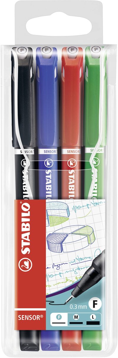 STABILO 189/4 Fineliner mit gefederter Spitze - STABILO SENSOR F - fein - 4er Pack - schwarz, blau, rot, grün